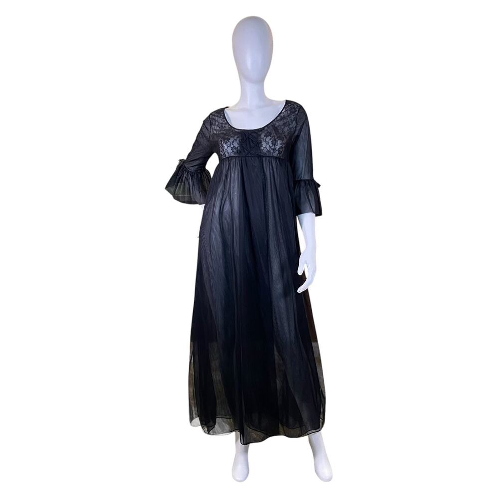1970s Val Mode Black Peignoir Robe | Vintage Sheer Lace Nylon Lingerie Cover